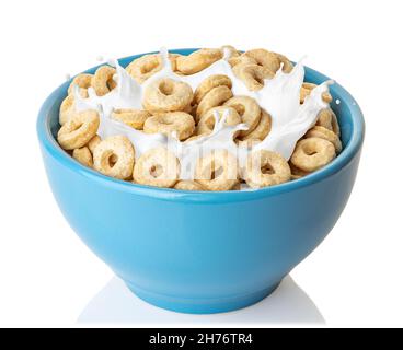 Maisringe mit spritzender Milch in einer blauen Schüssel Stockfoto