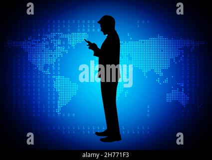 Silhouette Mann mit Smartphone-Verbindung Technologie-Konzept mit Smartphone Globale Netzwerk-Verbindung Vektor-Illustration Stock Vektor