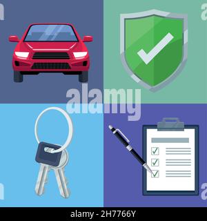 Vier Symbole für die Kfz-Versicherung Stock Vektor