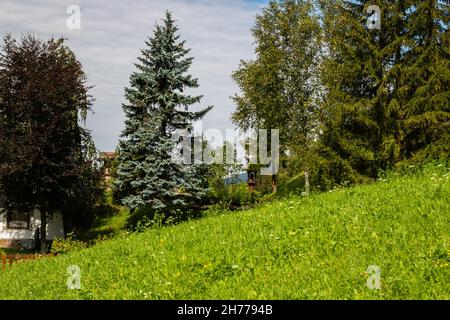 Blick auf das Bergdorf St. Christina in Gröden und die umliegenden Dolomiten Stockfoto