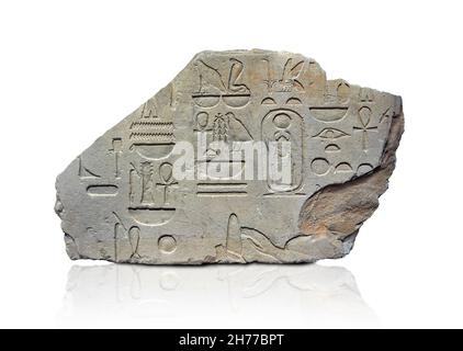 Altägyptische Fhieroglyphen aus dem Sturz des Tempels von Sesotris 1st, 1991-1783 v. Chr. Coptos. Museum der Schönen Künste von Lyon Inv E501. Von oben Stockfoto