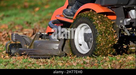 Eine Person auf einer Fahrt mit dem Rasenmäher, die an einem sonnigen Herbsttag das Gras mäht und herbstlich gefallene Blätter mulcht Stockfoto