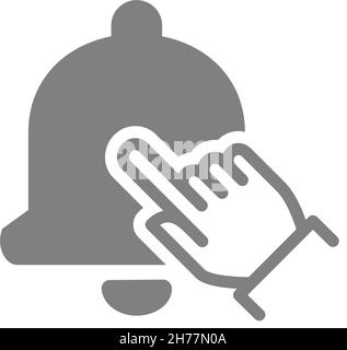 Klicken Sie mit dem Finger auf das Benachrichtigungssymbol. Abonniere-Taste, Glockensymbol. Stock Vektor