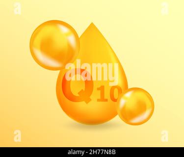 Vitamin Q10 Ubiquinon. Realistisches Vitamin Drop Q10 Ubiquinon Design. 3D Vitamin Complex Illustrationskonzept. Stock Vektor