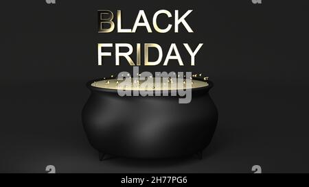 Schwarzer Freitag Zeichen goldener Hintergrund Online-Shop kochendes Gold in einem Kessel 3D Render Stockfoto