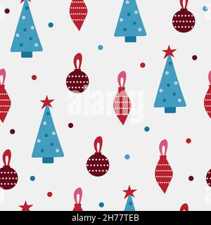Nahtlose Vektor-Muster Weihnachtsbaum und Weihnachten Spielzeug. Rote und blaue Farben. Wiederholter Hintergrund. Verwenden Sie für Stoff, Tapete, Verpackung, Wohnkultur Stock Vektor