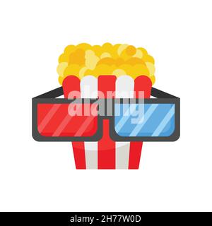 Popcorn und 3D Gläser. Gezeichnete Vektordarstellung, flache Art-Ikone für Online-Kino, Film, Film, Theater Stock Vektor