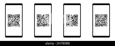 QR-Code-Scan-Set im Smartphone. QR-Code für die Zahlung. Mobile Anwendung. Überprüfung. Vektordarstellung auf weißem Hintergrund isoliert Stock Vektor