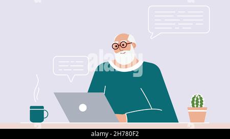 Senior man studiert und unterrichtet moderne Technologien mit einem Laptop. Ein positiv lächelnder Großvater sitzt an einem Computer, kommuniziert im Internet Stock Vektor