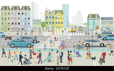 Silhouette der Stadt mit Fußgängern auf dem Fußgängerweg und öffentlichen Verkehrsmitteln und Menschen auf dem Bürgersteig, Illustration Stock Vektor
