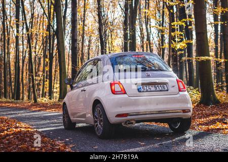 OTROKOVICE, TSCHECHISCHE REPUBLIK - 14. November 2019: Weißes und graues modernes Auto Fiat 500 Collezione auf der Landstraße im Herbstwald geparkt. Reisen Stockfoto