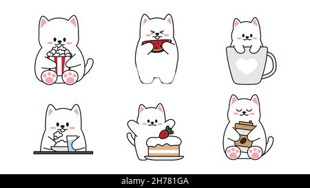 Sammlung von verschiedenen niedlichen kleinen Katzen auf weißem Hintergrund. Kawaii Satz von lustigen Tierfiguren Design im Cartoon-Stil. Haustier-Katze. Babyaufkleber Stock Vektor