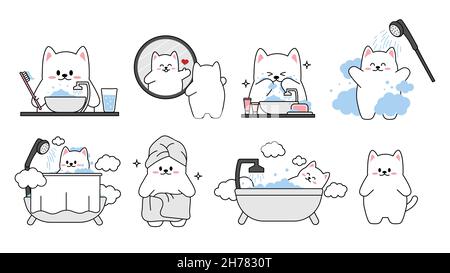 Sammlung von verschiedenen niedlichen kleinen Katzen auf weißem Hintergrund. Kawaii Satz von lustigen Tierfiguren Design im Cartoon-Stil. Haustier-Katze. Babyaufkleber Stock Vektor