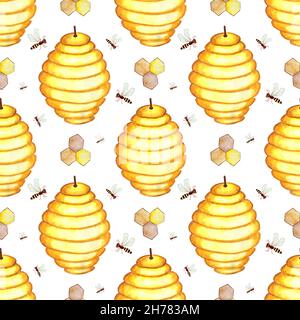 Aquarellmalerei von Bienenstöcken, Waben und Bienen. Nahtloser, sich wiederholender Honigdruck. Imkerei endloser Hintergrund, Textur. Isoliert auf weißem Hintergrund Stockfoto