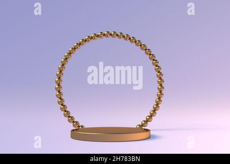 3D goldenes, rundes Podium mit Bogen. Produktpräsentation, Mock-up, zeigen kosmetische Produkt, Bühne Sockel oder Plattform. Stockfoto