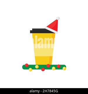 Kaffee- oder Teetasse mit rotem weihnachtsmann-Hut. Vektor flach Design Cartoon Stil Illustration. Design-Element für Weihnachtskarte, Banner, Web. Stock Vektor