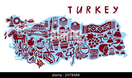 Vektor Hand gezeichnet stilisierte Karte der Türkei Wahrzeichen. Türkei Republik Reise Illustration. Geografische Abbildung. Mediterranes Kartenelement Stock Vektor