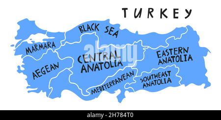 Vektor handgezeichnete stilisierte Karte der türkischen Provinzen. Türkei Republik Reise Illustration. Geografische Abbildung. Mediterranes Kartenelement Stock Vektor