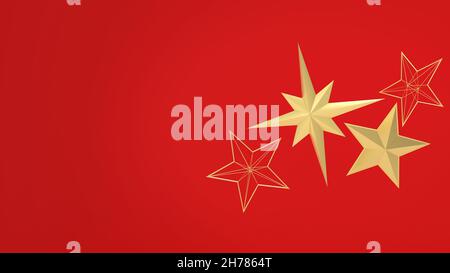 Goldene digitale Sterne auf dem roten Hintergrund. Set von verschiedenen goldenen Sternen. 3D Abbildung, Banner mit Kopierfläche. Schönes Design-Element für Ihre Karte, Stockfoto
