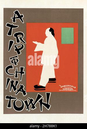 Silhouette eines chinesischen Mannes, der einen Tai-Chi-Umzug macht, in der Plakatwerbung „A trip to Chinatown“ in London von Beggarstaffs 1890s Stockfoto