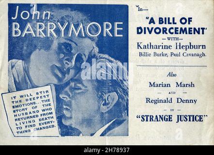 Back of British Herald / Flyer für JOHN BARRYMORE BILLIE BURKE und KATHARINE HEPBURN in Einem SCHEIDUNGSENTWURF 1932 spielen Regisseur GEORGE CUKOR das Drehbuch von Clemence Dane Howard Estabrook und Harry Wagstaff Gribble RKO Radio Pictures Stockfoto