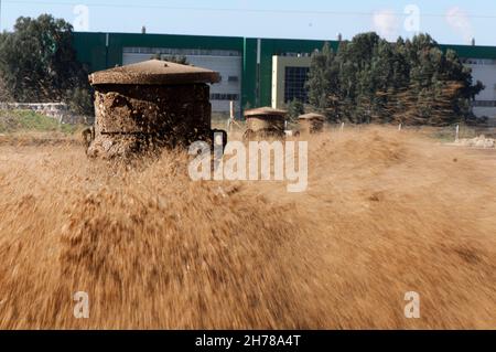 Kläranlage. Das aufbereitete Wasser wird dann für die Bewässerung und landwirtschaftliche Nutzung verwendet. Fotografiert in der Nähe von Hadera, Israel Israel, Schlammtrea Stockfoto