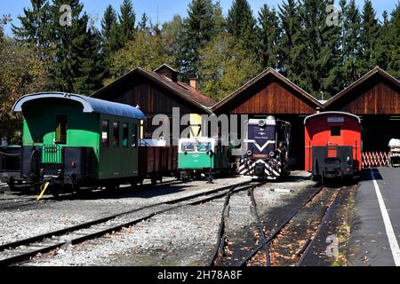 Stainz, Österreich - 23. September 2021: Bunte Waggons und Lokomotive des sogenannten Flascherlzugs - Flaschenzug - Schmalspurbahn und Popul Stockfoto