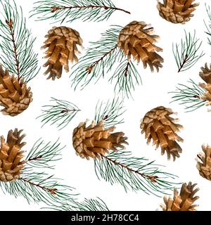 Aquarell handgezeichnetes nahtloses Muster mit Tannenzapfen Fichtenzweigen Zweige und Zapfen auf weißem Hintergrund, Weihnachts-Winter-Neujahr-Druck für Textilverpackungspapier, natürliche orhnische Farben grün immergrün brauner Stoff Stockfoto