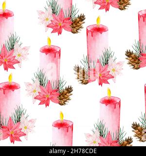 Aquarell nahtlose handgezeichnete Muster mit rosa roten Weihnachtsstern Blume, Weihnachtsstern Pflanze Nadelbaum Kiefer Fichte Zweige, Winter Neujahr Dekor Dekoration Ornament, zum Einpacken Papier floral Textil botanischen Druck Stockfoto