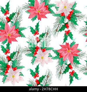 Aquarell nahtlose handgezeichnete Muster mit rosa roten Weihnachtsstern Blume, Weihnachtsstern Pflanze Nadelbaum Kiefer Fichte Zweige, Winter Neujahr Dekor Dekoration Ornament, zum Einpacken Papier floral Textil botanischen Druck Stockfoto