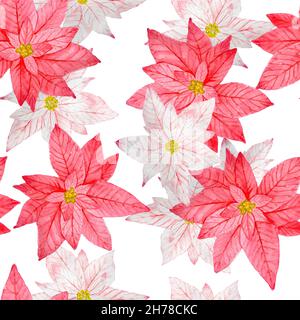 Aquarell nahtlose handgezeichnete Muster mit rosa roten Weihnachtsstern Blume, Weihnachtsstern Pflanze Nadelbaum Kiefer Fichte Zweige, Winter Neujahr Dekor Dekoration Ornament, zum Einpacken Papier floral Textil botanischen Druck Stockfoto