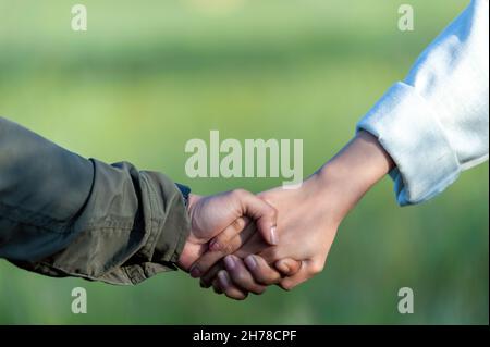 Indonesisches Männchen und Weibchen halten Hand zusammen über verschwommenem Naturhintergrund. Stockfoto