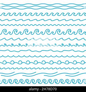 Nahtlose gewellte Linien Grenzen. Glatte Kurven Formen, weiche und verdrehte und spiralförmige Elemente, Wasseroberfläche Symbole, blaue Rechtecke, Meer abstrakte Symbole Stock Vektor