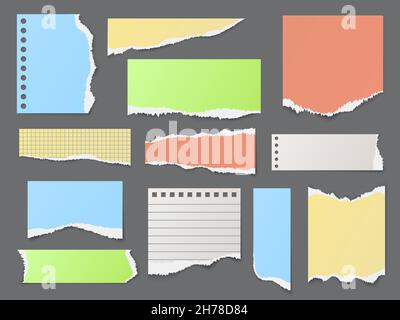 Farbe gerippte Papierstreifen. Realistisch zerrissene Notizblock-Seiten, unterschiedliche Schichten leerer leerer Blätter, zerklüftete Fetzen, unebene Kanten. Memonotizen Stock Vektor