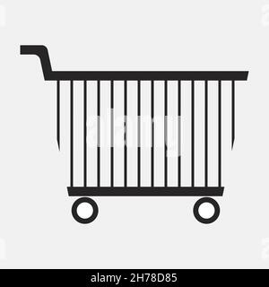 Stabiler schwarzer einfacher Warenkorb. Seitenansicht. Korb mit vertikalen Streifen. Leerer Trolley des Einkaufszentrums. Universelle Vorlage Logo für Unternehmen, Superma Stock Vektor