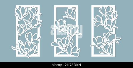 Magnolien-Blumenmuster. Set, Platte für die Registrierung der dekorativen Oberflächen. Vektordarstellung eines Laserschneidens. Plotter schneiden und Bildschirm Stock Vektor