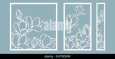 Magnolien-Blumenmuster. Set, Platte für die Registrierung der dekorativen Oberflächen. Vektordarstellung eines Laserschneidens. Plotter schneiden und Bildschirm Stock Vektor