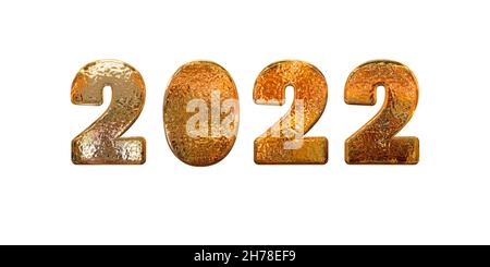 2022 Datum mit hellen goldenen Zahlen isoliert auf weißem Hintergrund. Weihnachtsdesign für Neujahr Stockfoto