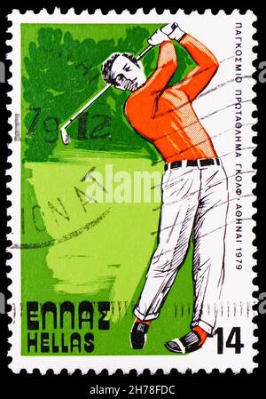 MOSKAU, RUSSLAND - 25. OKTOBER 2021: Briefmarke gedruckt in Griechenland zeigt Golfweltmeisterschaft - Golfer, Jahrestage und Events (1979 B) Serie, CI Stockfoto