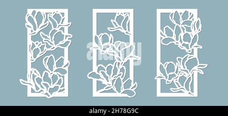 Magnolien-Blumenmuster. Set, Platte für die Registrierung der dekorativen Oberflächen. Vektordarstellung eines Laserschneidens. Plotter schneiden und Bildschirm Stock Vektor