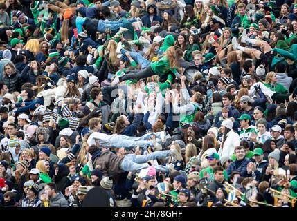 20. November 2021: Notre Dame-Studenten führen Liegestütze für Punkte während der NCAA-Fußballspiel-Action zwischen den Georgia Tech Yellow Jackets und der Notre Dame Fighting Irish im Notre Dame Stadium in South Bend, Indiana. Notre Dame besiegte Georgia Tech 55-0. John Mersits/CSM. Stockfoto