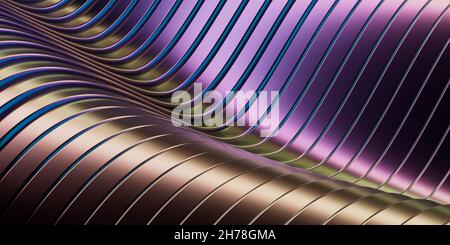 Abstrakter, mehrfarbiger metallischer Hintergrund. Reflektierende Oberfläche und Kurven. 3D Abbildung. Stockfoto