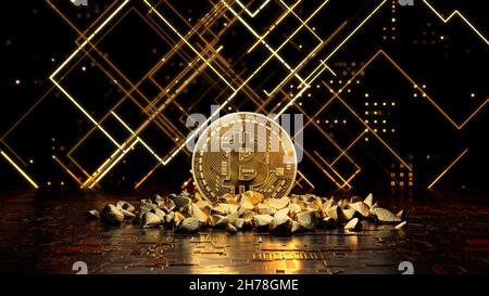 Das Konzept des Mining virtueller Kryptowährungen. Goldmünze in einem Berg aus Gold auf einem abstrakten Hintergrund. 3D Abbildung. Stockfoto