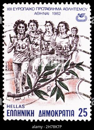 MOSKAU, RUSSLAND - 25. OKTOBER 2021: Briefmarke gedruckt in Griechenland zeigt Frauenlauf, Europameisterschaft Leichtathletik Serie, um 1982 Stockfoto
