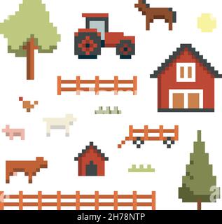 Pixel Art Farm-Objekte Stock Vektor