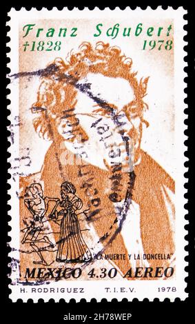 MOSKAU, RUSSLAND - 25. OKTOBER 2021: In Mexiko gedruckte Briefmarke zum 150th. Todestag von Franz Schubert (1797-1828), Serie, CIR Stockfoto