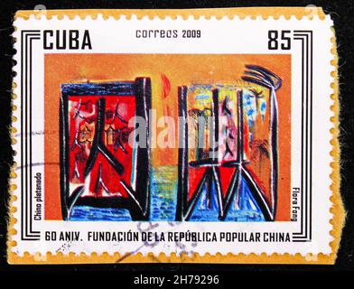 MOSKAU, RUSSLAND - 25. OKTOBER 2021: Die in Kuba gedruckte Briefmarke zeigt die Republik China, 60th. Jahrestag der Serie der Republik China, um 2009 Stockfoto