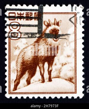 JAPAN - UM 1952: Eine in Japan gedruckte Briefmarke zeigt japanischen Serow, Capricornis Crispus, Ziegenantilope, um 1952 Stockfoto