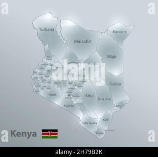 Kenia Karte und Flagge, administrative Teilung, trennt Regionen und Namen, Design Glas Karte 3D Vektor Stock Vektor