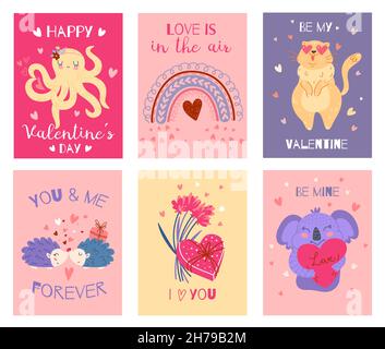 Valentinstag Tiere Karten. Niedliche romantische Charaktere, Herzvalentinen, Liebesfeiertage, lustige Koala, Katzen und Igel gratulieren Plakaten Stock Vektor